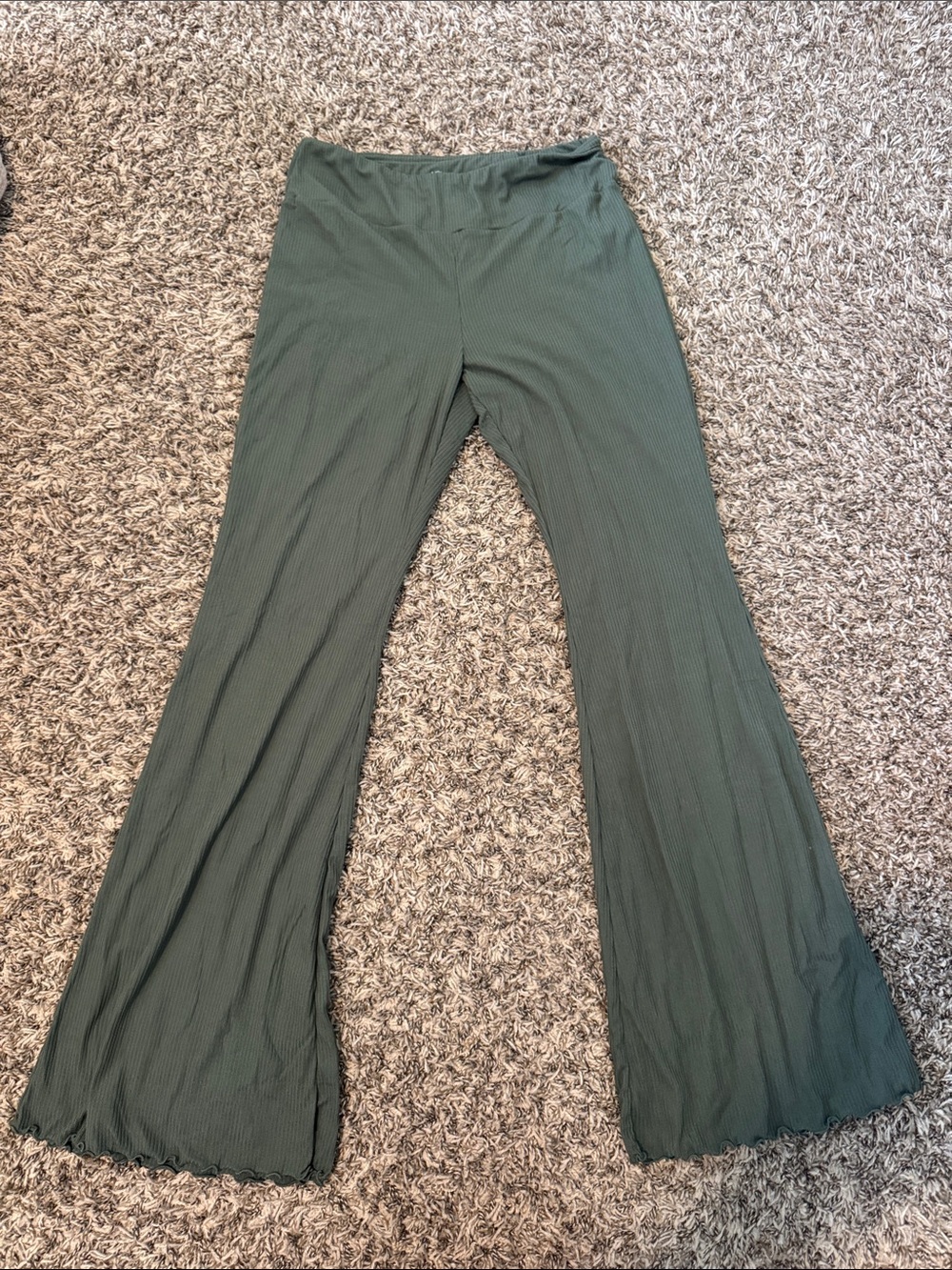 Ribbed Flared Pants in Olive Green